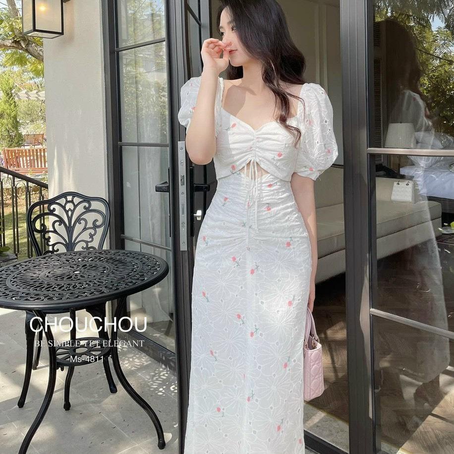 Đầm hoa thêu dây rút khoét eo siêu hot dáng dài chất xô freesize A240 KimHoa77