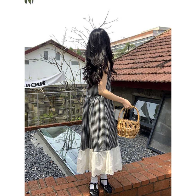 Đầm Dài Không Tay Cổ Búp Bê Họa Tiết Sọc Caro Ngọt Ngào Thời Trang Mùa Hè Theo Phong Cách Pháp Cho
