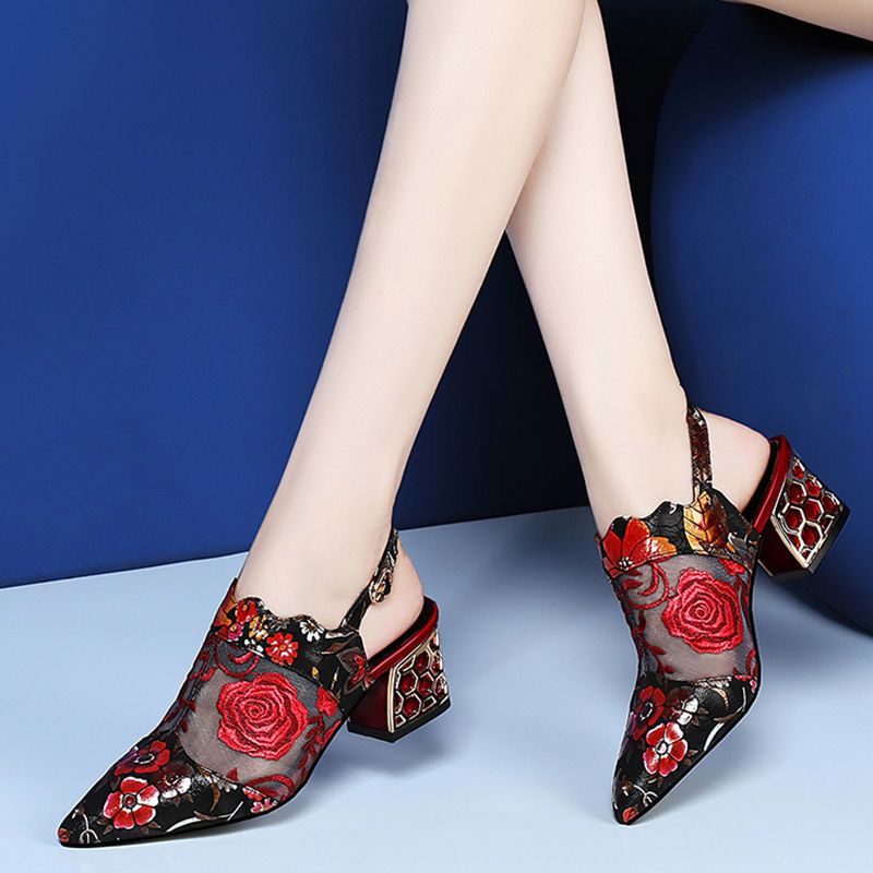 Giày Sandal Cao Gót Mũi Nhọn Phối Lưới Thêu Họa Tiết Thời Trang 2023 Cho Nữ