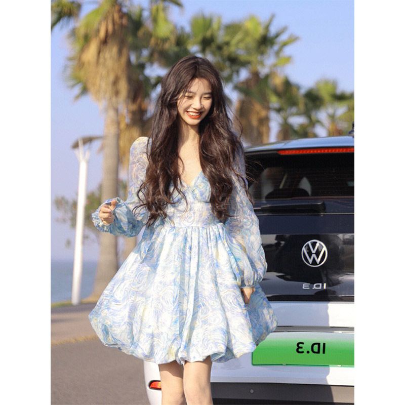 Đầm Công Chúa Ngắn Eo Hẹp Tay Phồng Cổ Vuông In Hoa Màu Xanh Dương Thời Trang Xuân Hè Cho Nữ