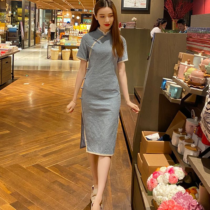 Đầm Sườn Xám Cách Tân Ngắn Tay Dáng Lửng Thời Trang Mùa Hè Phong Cách Trung Hoa Cổ Điển