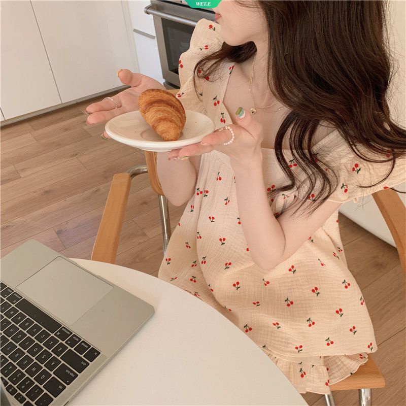 Bộ Đồ Ngủ Hai Dây Diềm Xếp Nếp In Họa Tiết Cherry Sáng Tạo Phong Cách Hàn Quốc Thời Trang Mùa Hè Hàng Mới 2023 Dành Cho