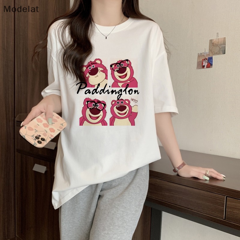 Áo Thun Tay Ngắn Cổ Tròn Dáng Rộng In Họa Tiết Gấu Hoạt Hình Đáng Yêu Cho Nữ