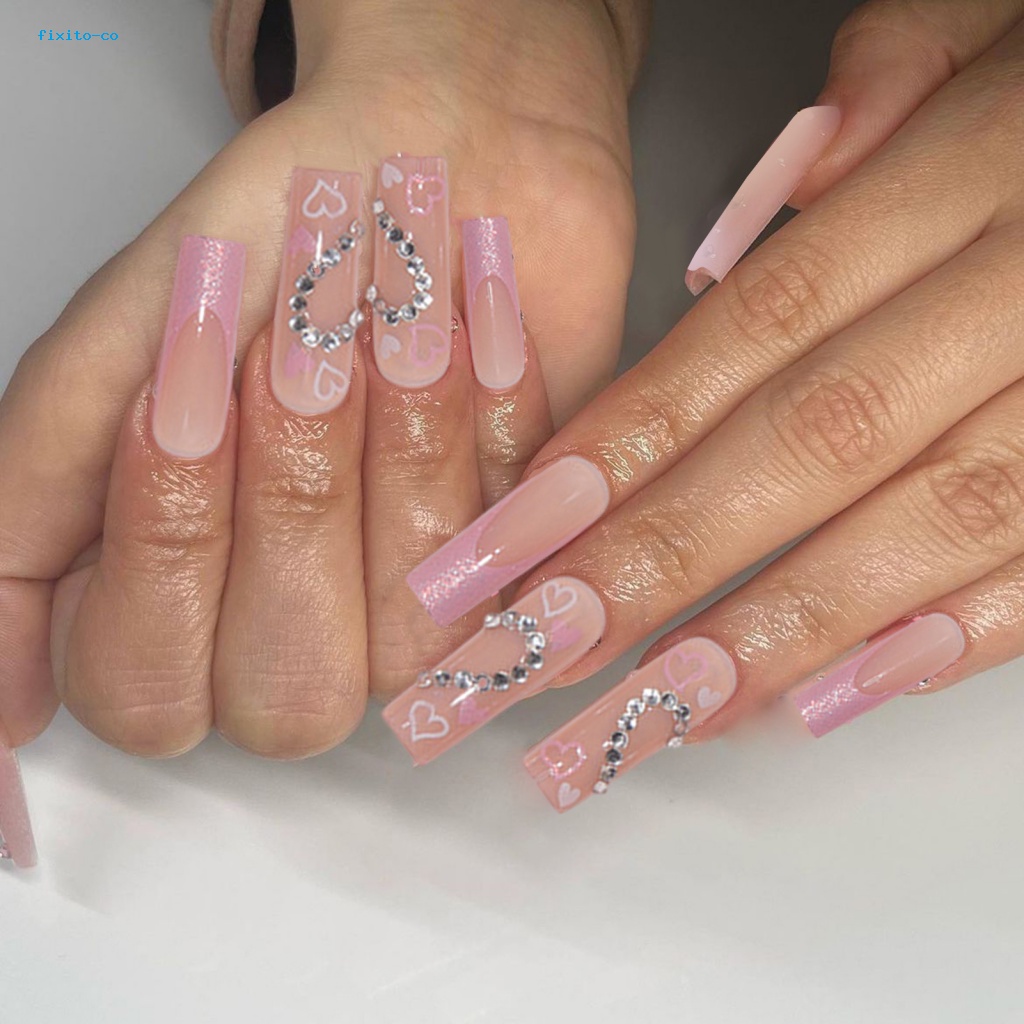 1 Bộ Móng Tay Giả Đính Kim Cương Hình Trái Tim Lấp Lánh