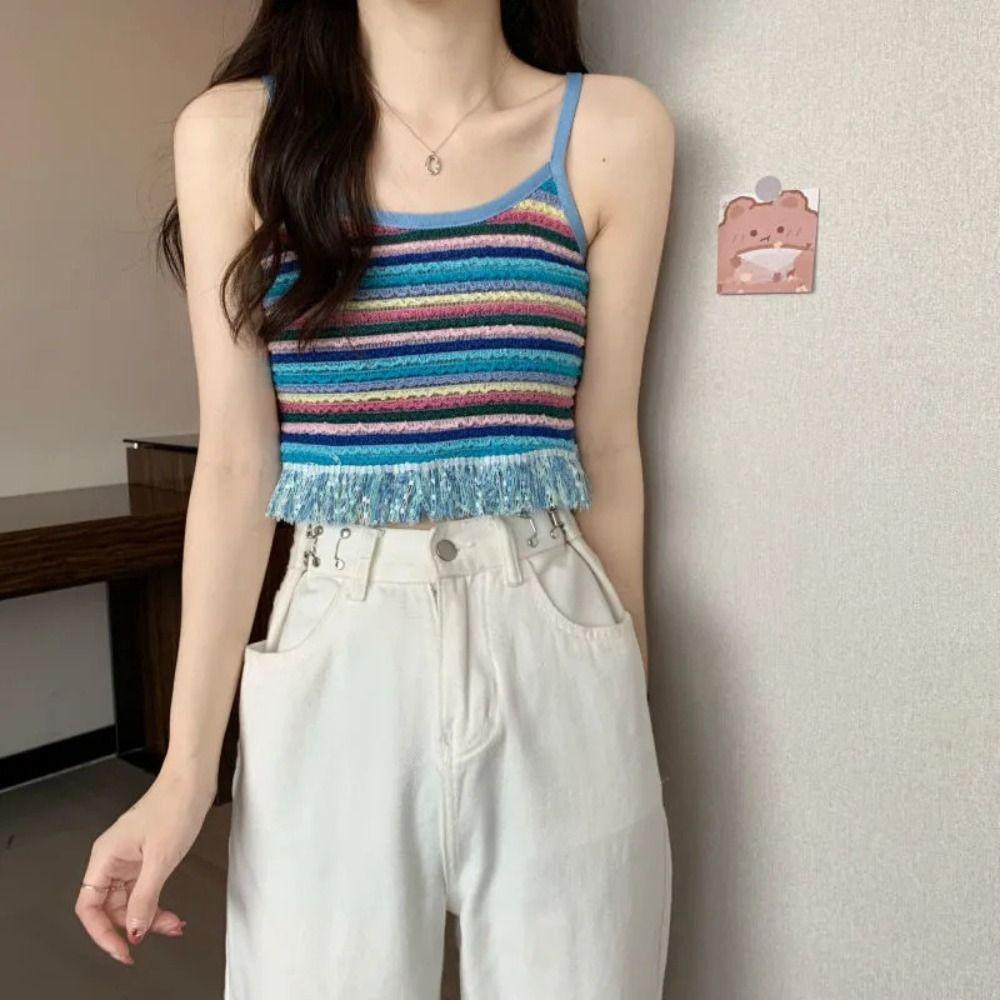Áo Tank Top Dệt Kim Mềm Dáng Rộng Phối Tua Rua Màu Cầu Vồng Kiểu Retro Hàn Quốc