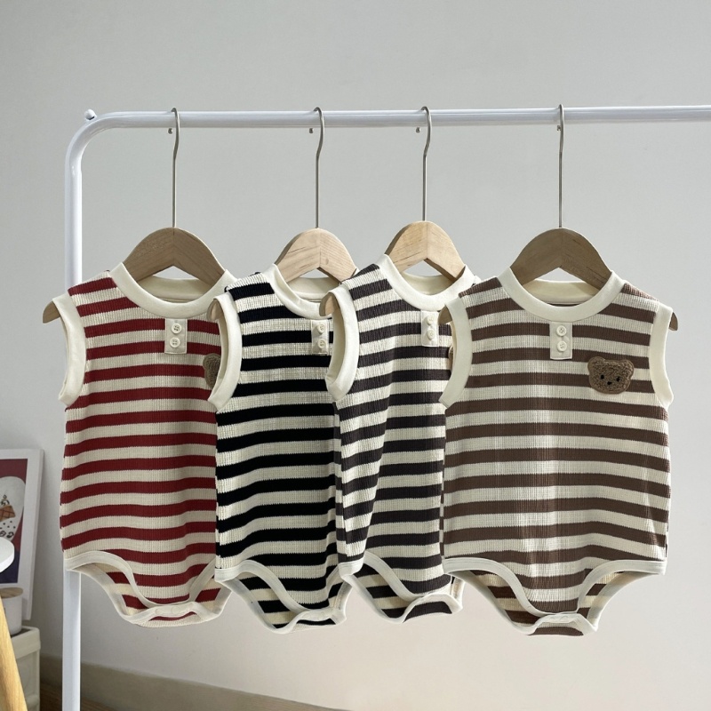 Bộ Áo Liền Quần Sát Nách Vải Cotton Họa Tiết Kẻ Sọc In Hình Gấu Dễ Thương Cho Bé Sơ Sinh