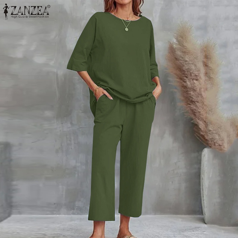 Bộ đồ ZANZEA gồm áo tay lửng cổ tròn phối quần dài lưng cao có túi phong cách cổ điển thời trang cho nữ