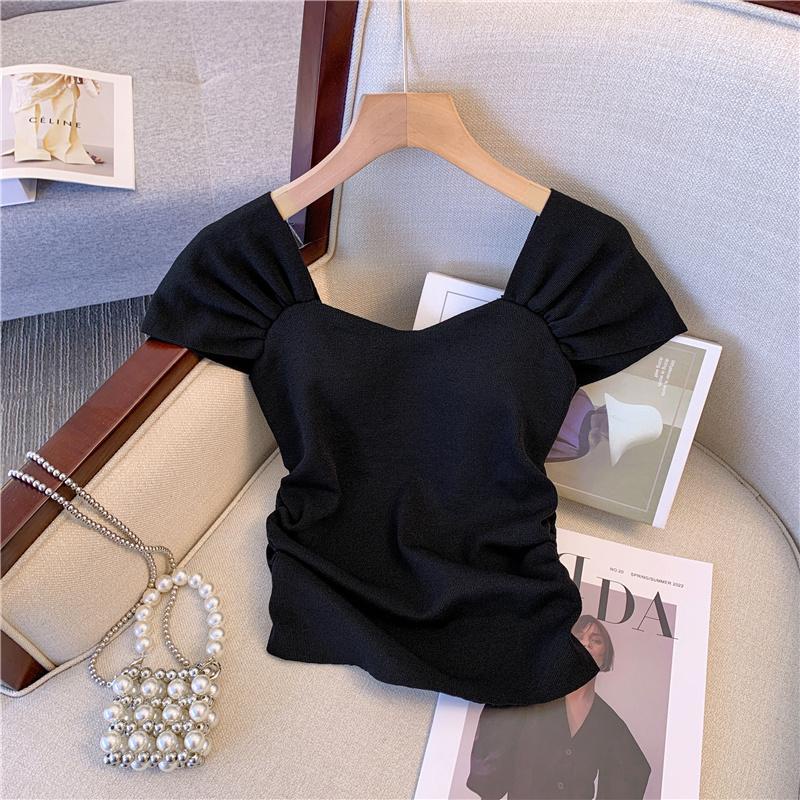 Áo Dệt Kim Tay Ngắn Cổ Vuông Màu Trơn Thời Trang Mùa Hè Xinh Xắn Cho Nữ