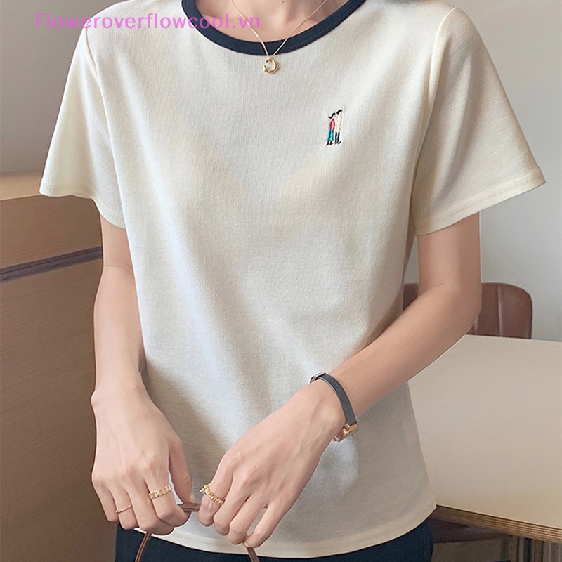 Áo Thun Tay Ngắn Cổ Tròn Thêu Họa Tiết Đơn Giản Phong Cách Retro Thời Trang Mùa Hè Cho Nữ