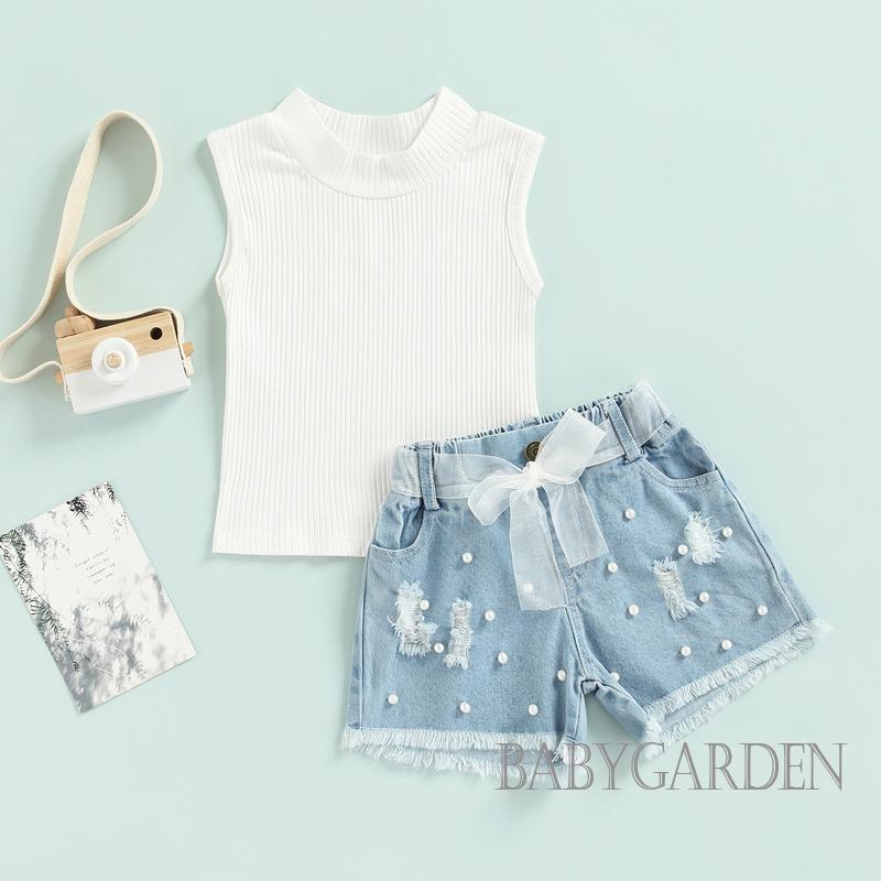 Set Áo Sát Nách Màu Trơn Và Quần Short Denim Rách Đính Ngọc Trai Thời Trang Mùa Hè Cho Bé Gái 1-6 Tuổi