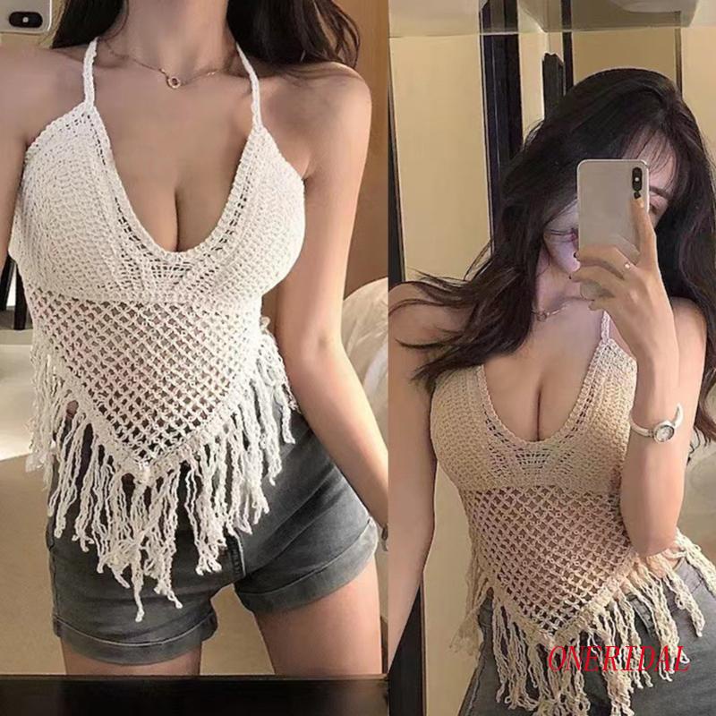 Áo Croptop Dệt Kim Không Tay Cổ Chữ V Hở Lưng Phối Tua Rua Thời Trang Cho Nữ