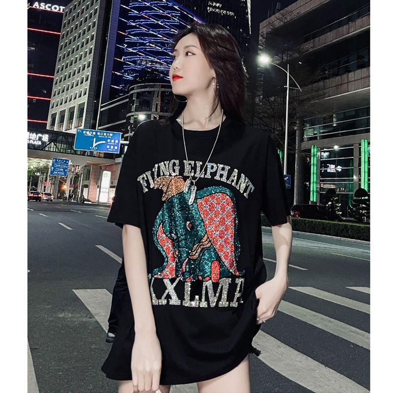 Áo Thun Tay Ngắn Dáng Rộng In Chữ Hoạt Hình Đính Đá Thời Trang Mùa Hè Cho Nữ Từ 2-150kg