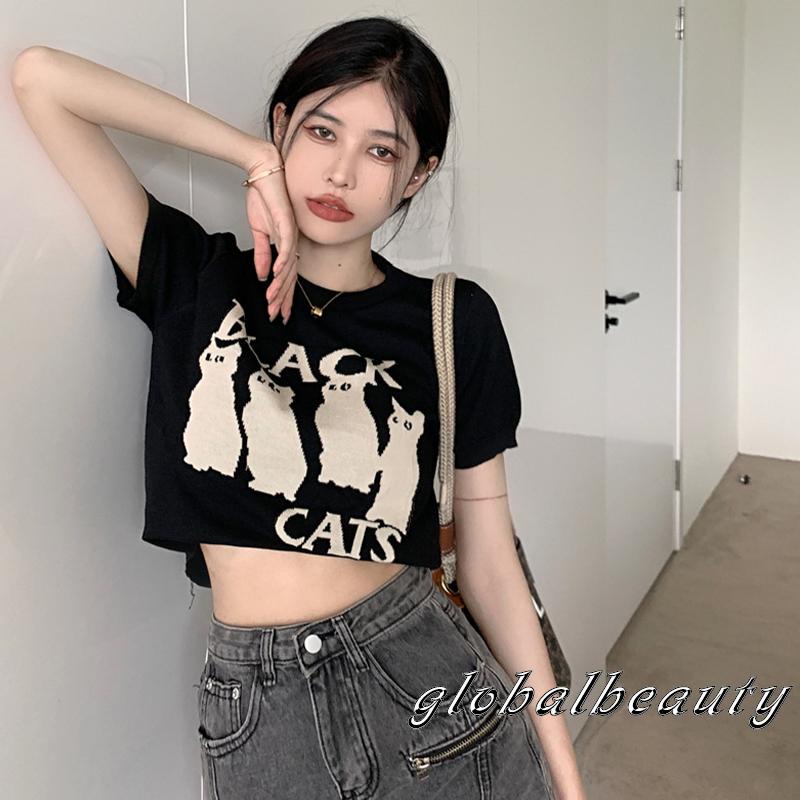 Áo Thun Tay Ngắn Cổ Tròn In Hình Mèo Thời Trang Dành Cho Nữ