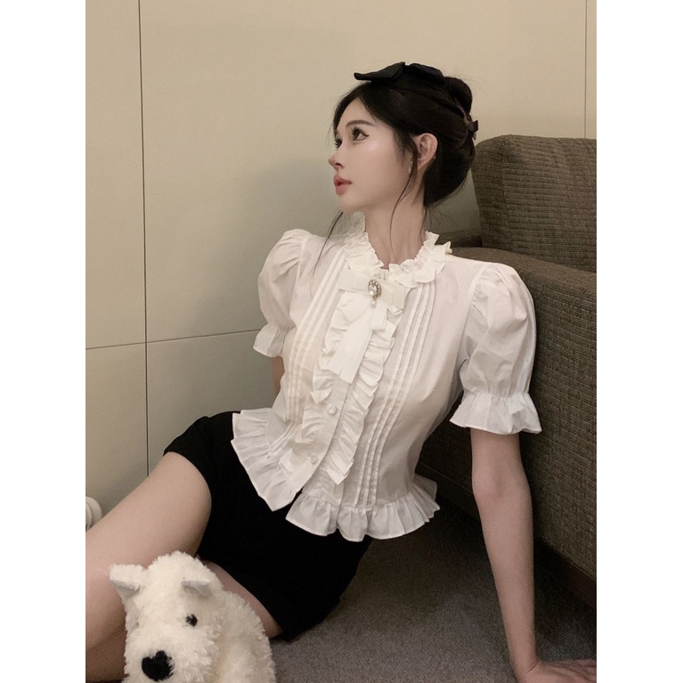 Áo Sơ Mi Tay Ngắn Dáng Ôm Thắt Nơ Phong Cách Pháp Thời Trang Mùa Hè Xinh Xắn Cho Nữ