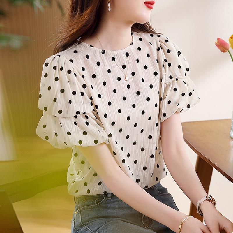 Áo Sơ Mi Chiffon Tay Ngắn Phồng Họa Tiết Chấm Bi Độc Đáo Thời Trang Mùa Hè 2023 Cho Nữ