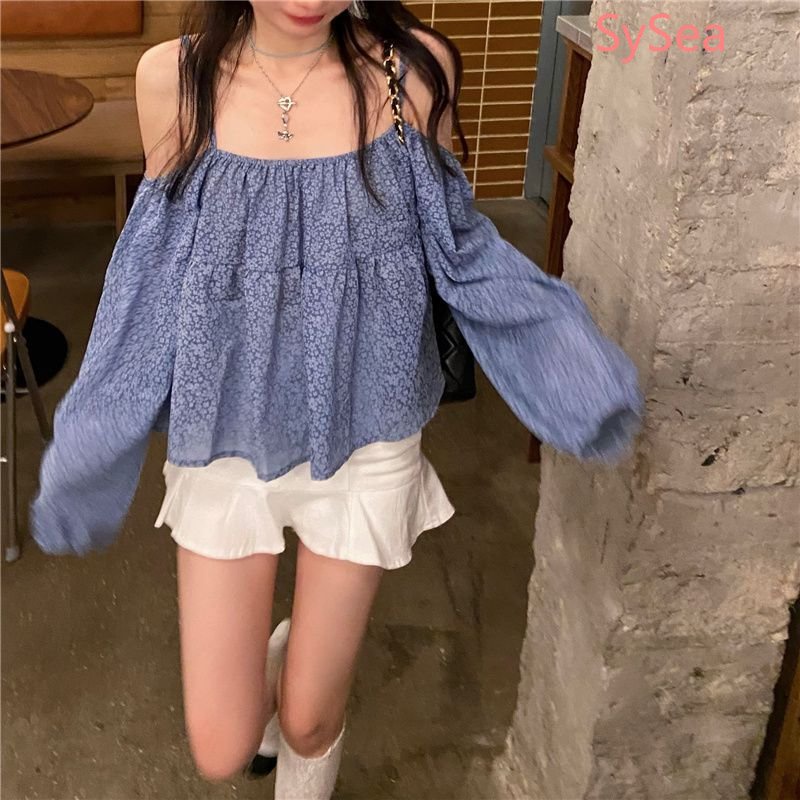 Áo Sơ Mi Trễ Vai Dài Tay Họa Tiết Hoa Thời Trang Pháp Cho Nữ