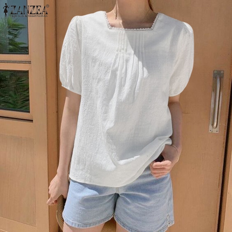 ZANZEA Áo Kiểu Cotton Tay Ngắn Phồng Cổ Vuông Màu Trơn Thời Trang Hàn Quốc Cho Nữ