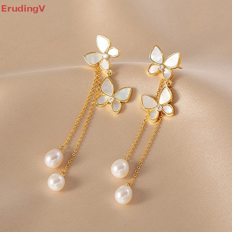 1 Đôi Bông Tai Dáng Dài Hình Bướm Đính Ngọc Trai Lãng Mạn Thời Trang Cho Nữ