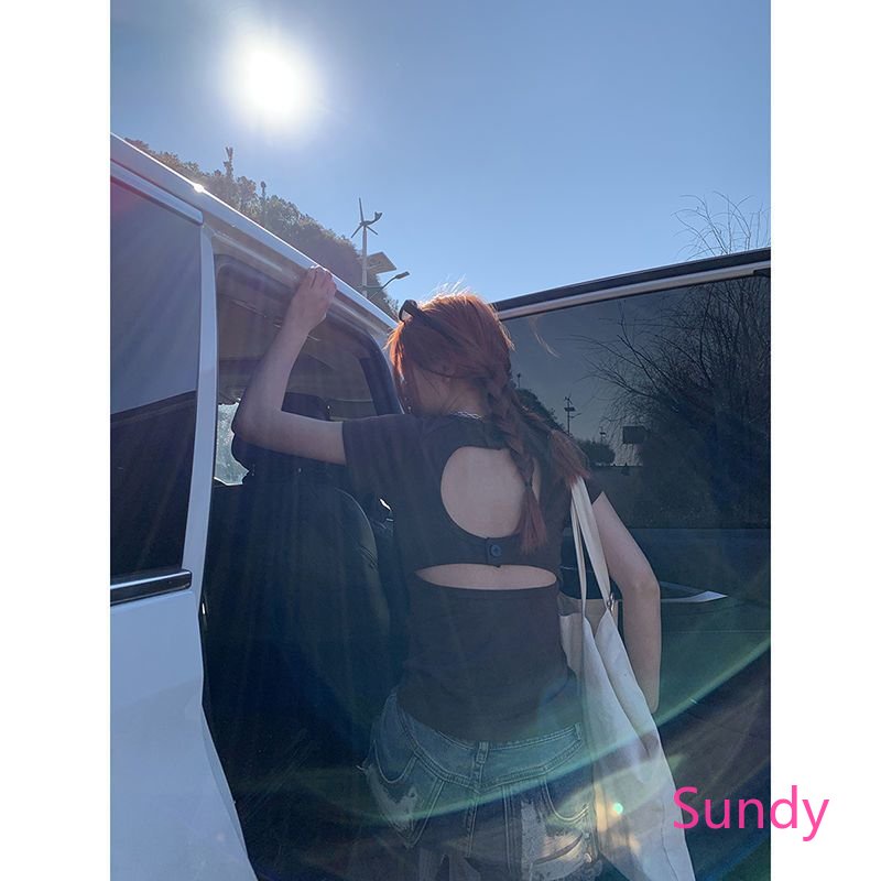 Áo Thun Ngắn Tay Dáng Rộng Hở Lưng Thời Trang Mùa Hè Hàn Quốc Dành Cho Nữ