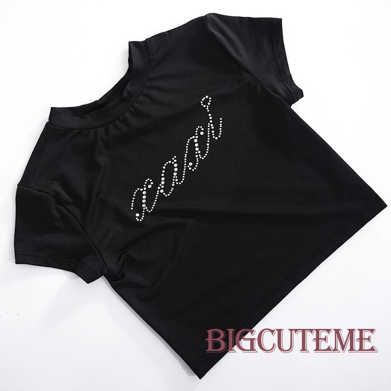 Áo Croptop Tay Ngắn Cổ Tròn Đính Đá Ôm Dáng Thời Trang Mùa Hè Cho Nữ