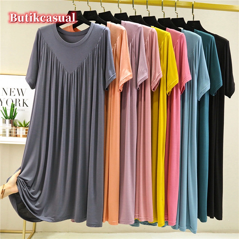 Đầm Cotton Chữ A Dáng Rộng Xếp Ly Tay Ngắn Cổ Tròn Màu Trơn Thoải Mái Thời Trang Mùa Hè 2023 Cho Nữ