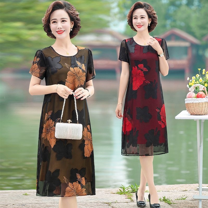 Váy đầm dự tiệc trung niên nữ V50a, chất voan đẹp cho mẹ dáng suông cao cấp sang trọng cho người lớn tuổi giá rẻ Bigsize