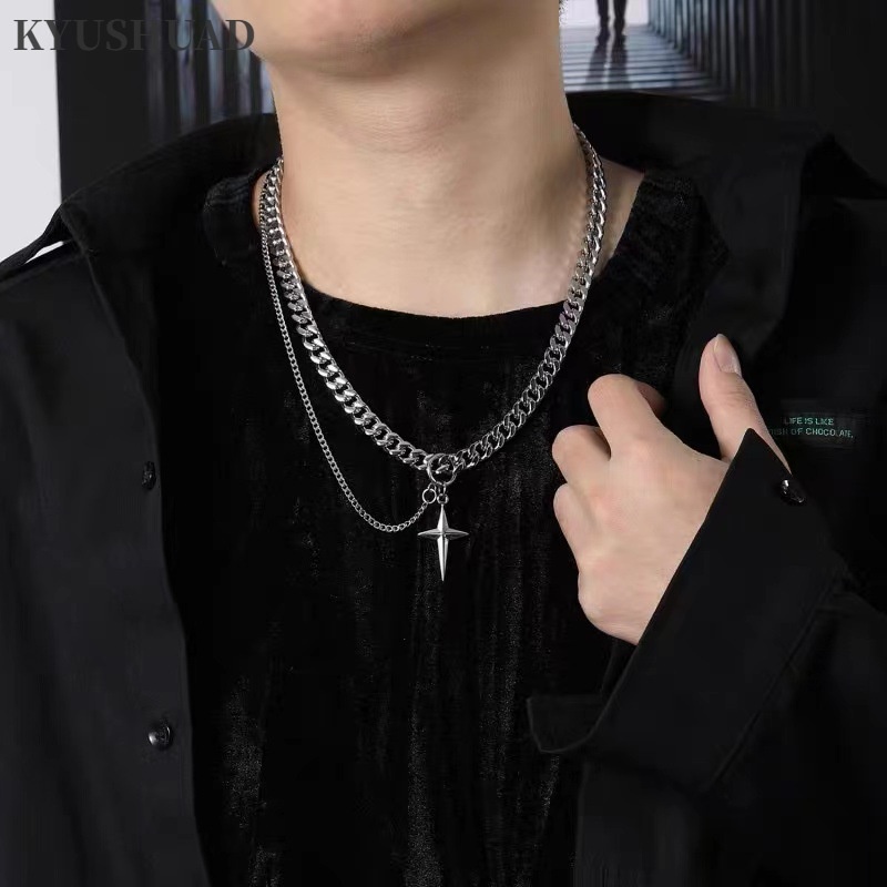 Kyushuad Vòng cổ Hai Lớp Bằng Thép Titan Cao Cấp Không Phai Màu Phong Cách hip hop Cho Nam