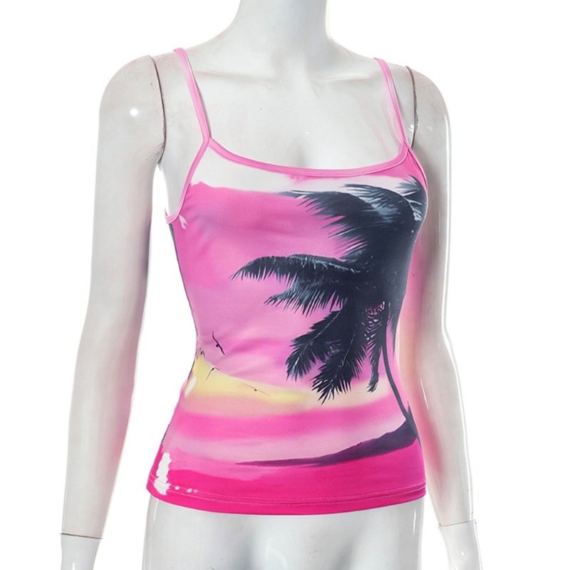 Xiangbao Áo Hai Dây Sát Nách Ôm Dáng In Họa Tiết Cây Dừa