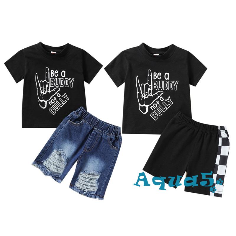 Set Đồ Mùa Hè 2 Món Gồm Áo Thun Tay Cộc Cổ Tròn In Chữ + Quần Jeans Rách + Áo Thun Tay Ngắn Cho Bé Trai