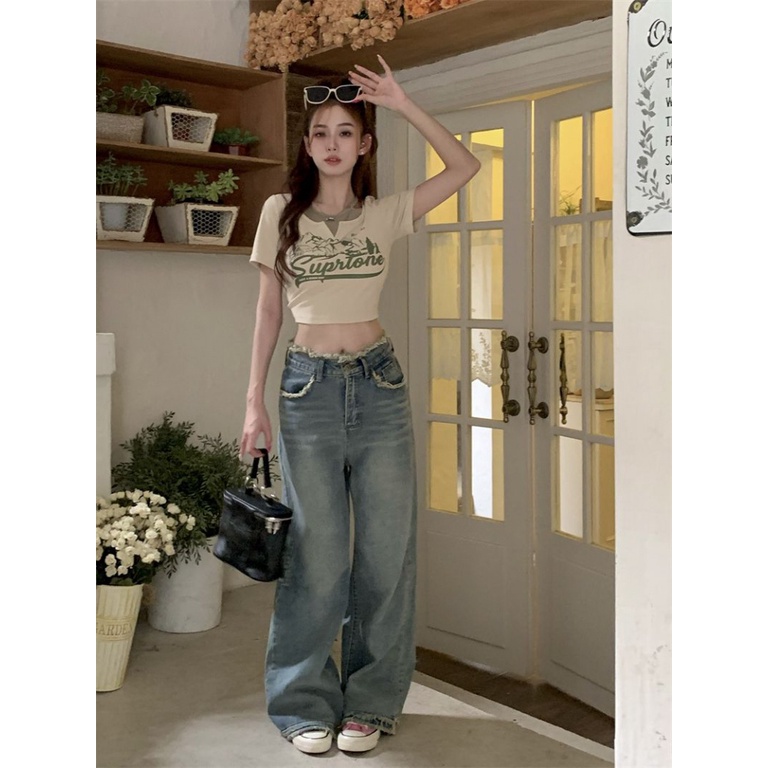 Áo baby tee Thun croptop Tay Ngắn Giả Hai Lớp Phong Cách Retro Mỹ Thời Trang Mùa Hè Cho Nữ