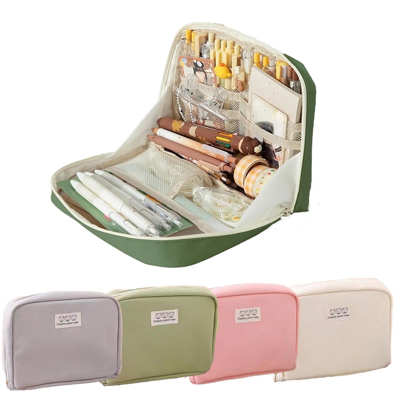 Túi Đựng Bút / Đồ Trang Điểm Bằng Vải Canvas Có Khóa Kéo Nhiều Màu Sức Chứa Lớn Tiện Dụng Cho Học Sinh / Văn Phòng