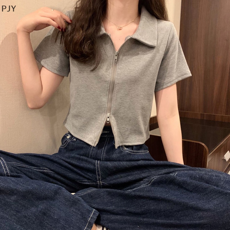 Áo Crop Top Tay Ngắn Có Khóa Kéo Đôi Màu Trơn Thời Trang Mùa Hè Dành Cho Nữ PJ
