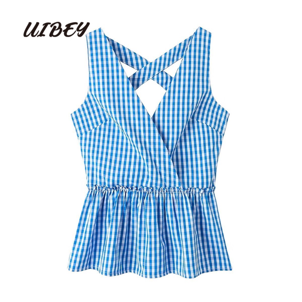 Uibey Bán Sỉ Áo Sơ Mi Không Tay Cổ Chữ V Họa Tiết Kẻ Sọc Phối Viền Gỗ 23061