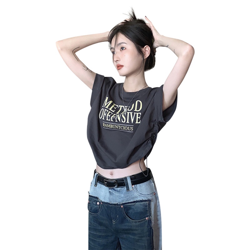 Áo Thun Ngắn Tay Phối Dây Rút In Họa Tiết Thời Trang Xu Hướng Cho Nữ