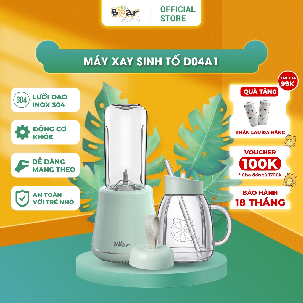 Máy Xay Sinh Tố Cầm Tay Bear, Xay Hoa Quả Công Suất Lớn, Chất Liệu An Toàn LLJ-D04A1 - TN Mart