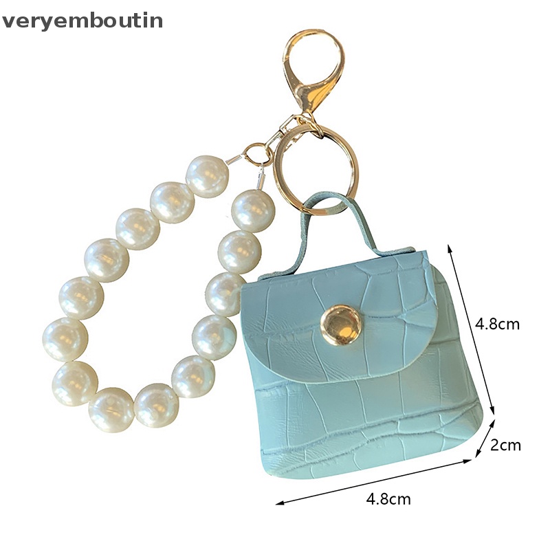 Ví Đựng Tiền Xu Mini Bằng Da Mềm Đính Ngọc Trai Kèm Móc Khóa Tiện Dụng