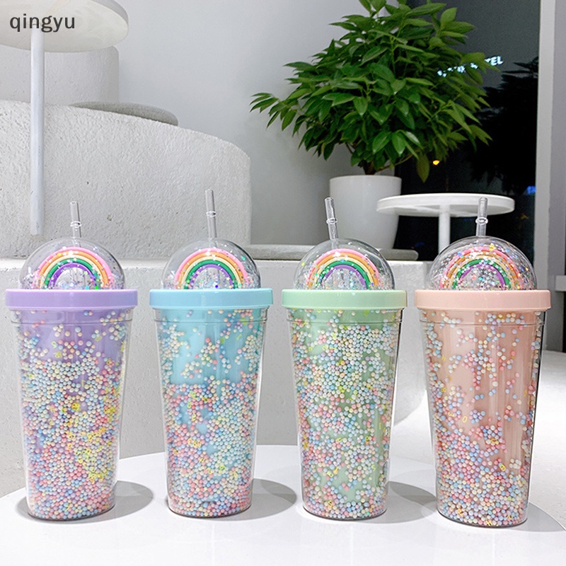 Bình Nước Nhựa Hai Lớp Kèm Ống Hút Dung Tích 550ml