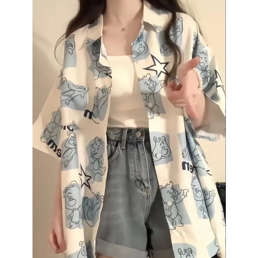 Áo Sơ Mi Tay Ngắn Dáng Rộng In Họa Tiết Gấu Nhỏ Xinh Thời Trang Mùa Hè Cho Nữ