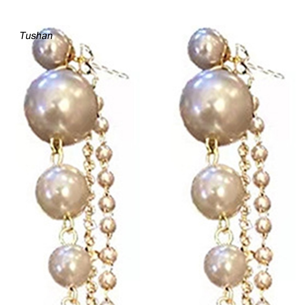 1 Cặp Bông Tai Tua Rua Dài Đính Ngọc Trai Giả Lấp Lánh