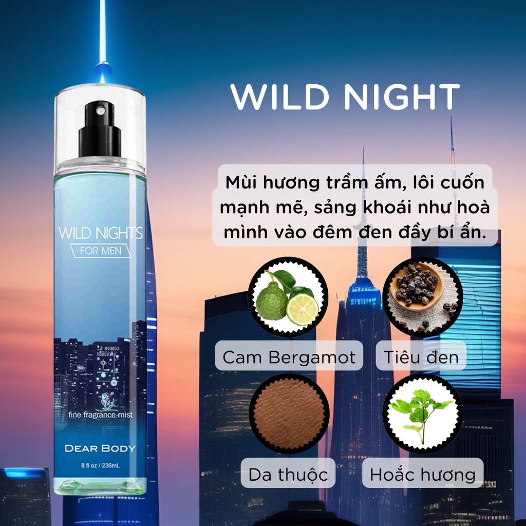 Xịt Thơm Toàn Thân Cho Nam Wild Night For Men Fine Fragrane Body Mist 236ml Superbox