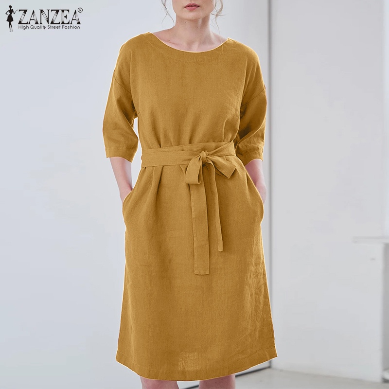 Đầm Nữ Tay Lửng Cổ Tròn Màu Trơn Phong Cách Vintage ZANZEA