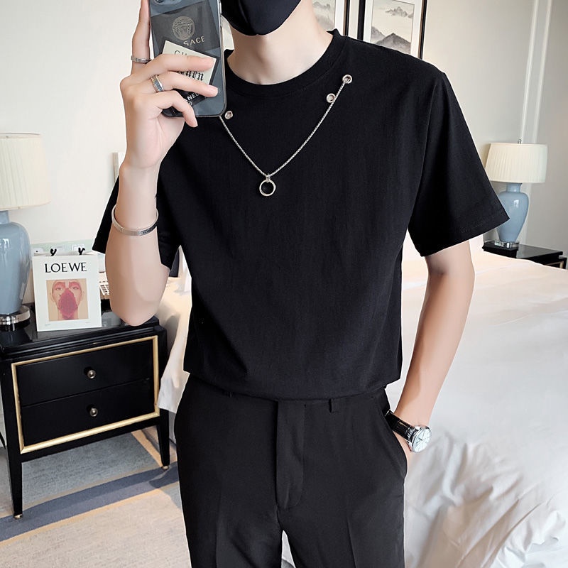 Áo Thun Tay Ngắn Màu Trơn Dáng Ôm Phối Dây Xích Thời Trang Mùa Hè Cho Nam