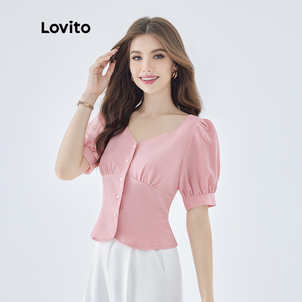 Áo kiểu Lovito tay phồng cổ tim may đường chỉ nút trước màu trơn thanh lịch cho nữ L49ED054 (màu hồng)