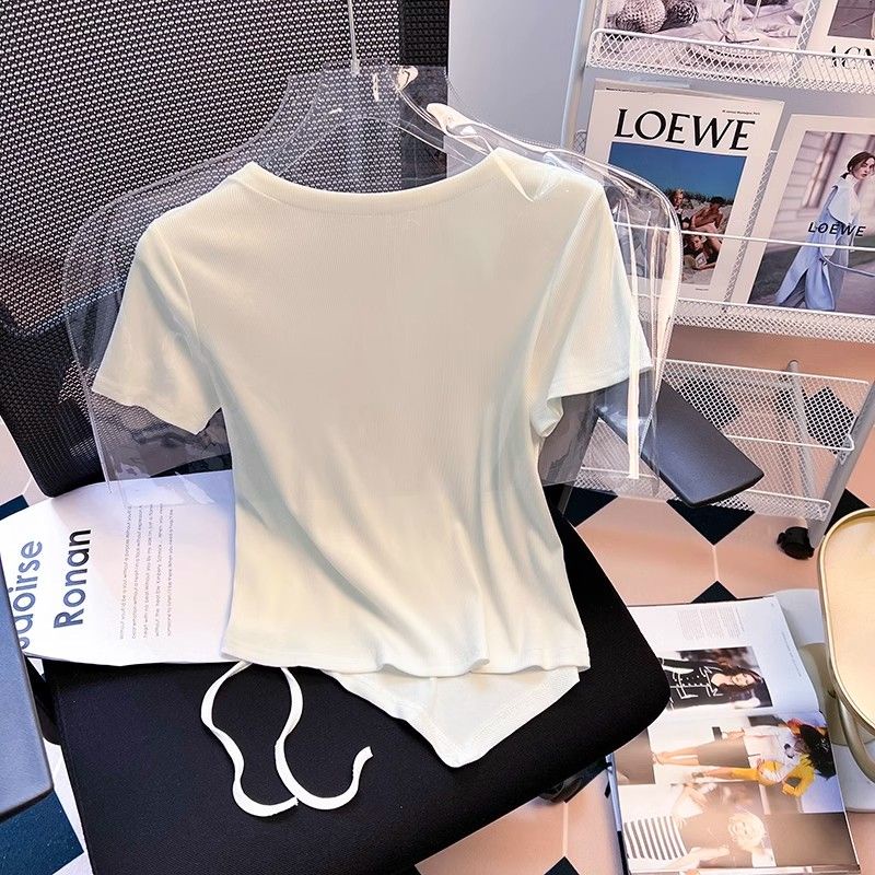 Áo Thun Tay Ngắn Phối Dây Rút Thiết Kế Lệch Tà Thời Trang Mùa Hè Cho Nữ