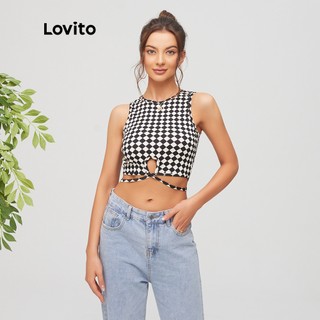 Lovito Áo tank top cổ tròn cắt chéo họa tiết kẻ sọc màu đen thời trang cho nữ L11D03
