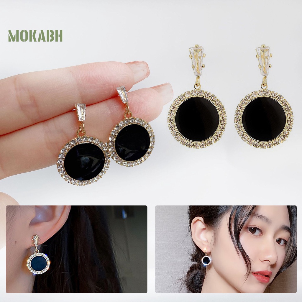 1 Đôi Bông Tai Hình Tròn Màu Đen Dát Đá Sang Trọng