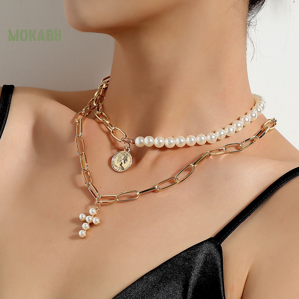 Vòng cổ Hai Lớp Đính Ngọc Trai Nhân Tạo Dây Hình Thánh Giá Có Thể Điều Chỉnh