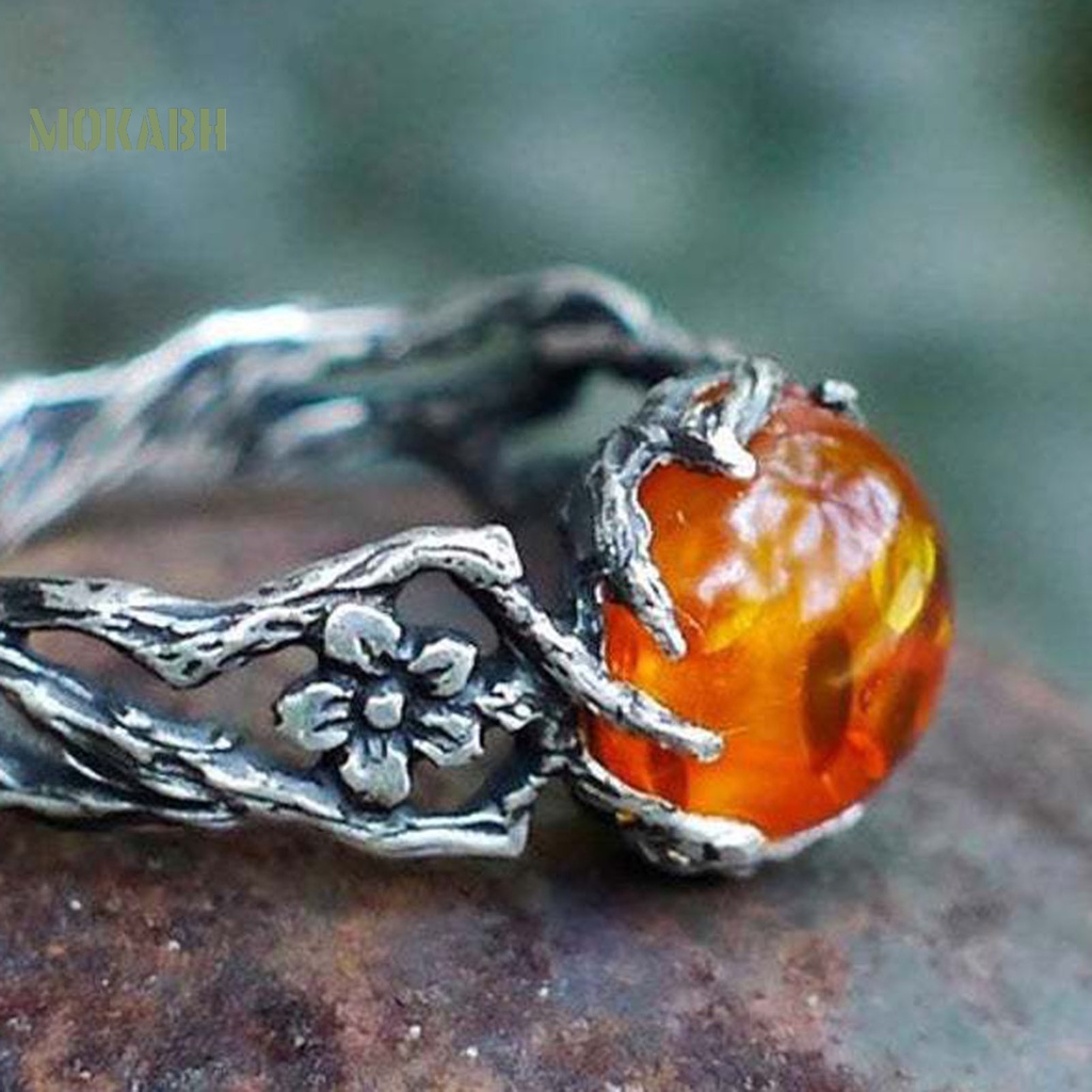 [Mới] Nhẫn Bạc Họa Tiết Hoa Rỗng Màu Hổ Phách Sang Trọng Cá Tính Dành Cho Nữ