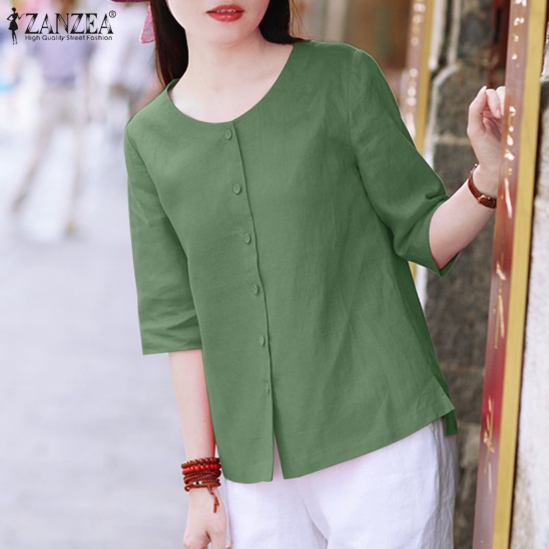 ZANZEA Áo Thun Nữ Tay Lửng Cổ Tròn Thời Trang Hàn Quốc