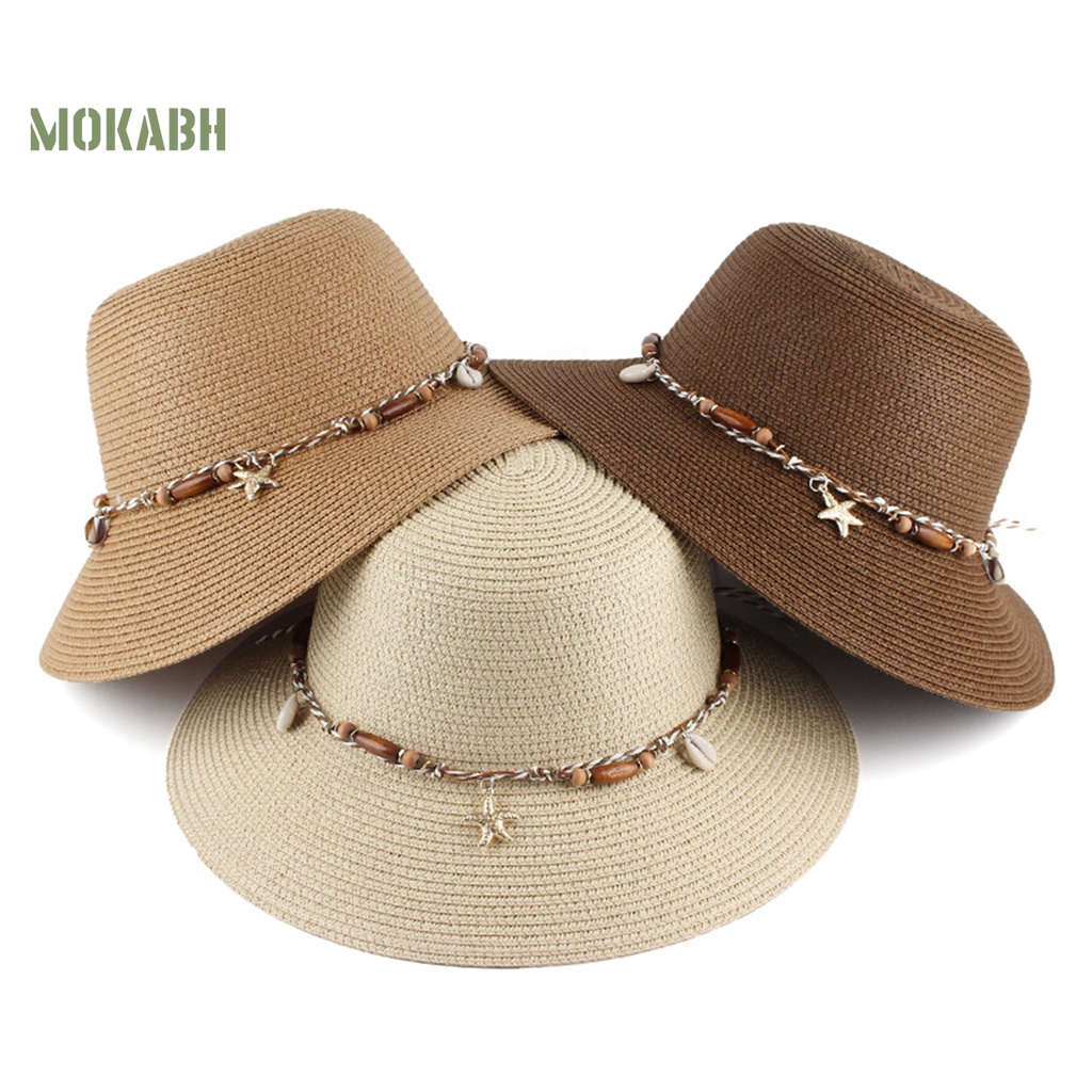 Mũ Vành Tròn Chống Nắng Màu Trơn Trang Trí Vỏ Sò Biển Cho Nữ